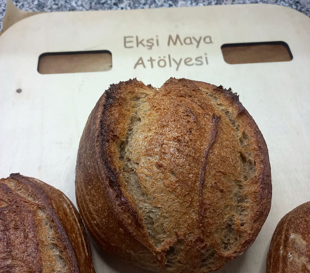 Ekşi Maya Atölyesi yazılı ahşap kürekte yarıkları açılmış ekşi mayalı somun